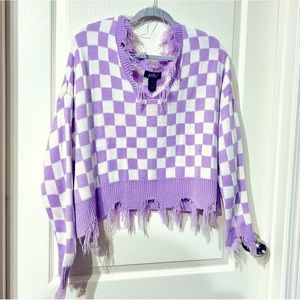 Checkered Sweater - Just Polly Frayed Distressed V-Neck - Large